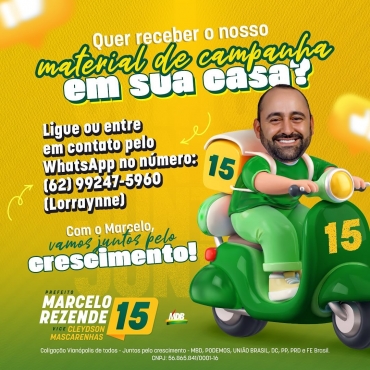 Agora ficou fácil mostrar que você vota no Marcelo 15! Receba o nosso material de campanha na porta de sua casa! Entre em contato conosco ligando ou mandando mensagem pelo WhatsApp no número: (62) 99247-5960 e fale com a Lorraynne.